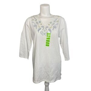 LEO & NICOLE White Studded V Neck‎ 3/4 Sleeve Top Sz Large NEW